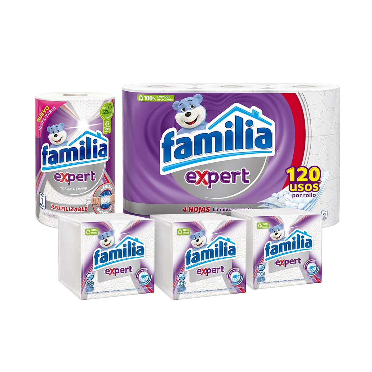 Imagen Combo Papel higienico Expert x 9 rollos + Servilletas Familia Expert x 100 und + Toalla Reutilizable Expert x 55 hojas  1