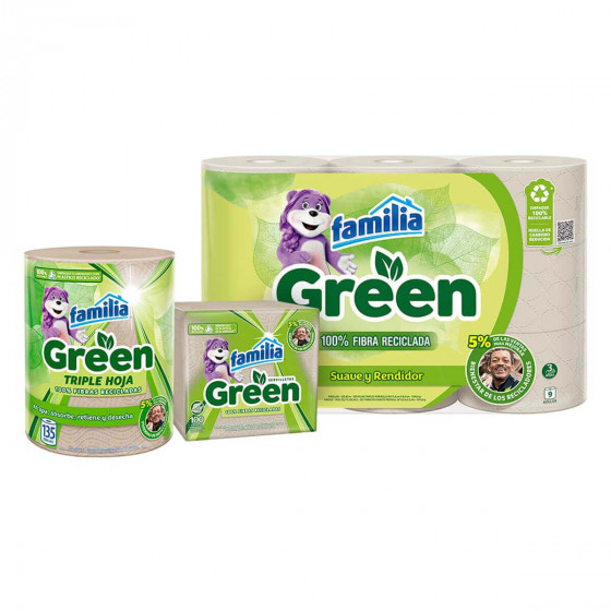 ImagenCombo Papel Higienico Familia Green + Toallas de Cocina Familia Green + Servilletas Familia Green