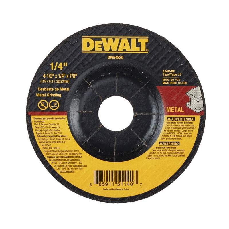 Imagen Disco abrasivo 4-1/2" X 1/4" X 7/8" T27 desbaste metal DW54830 Dewalt
