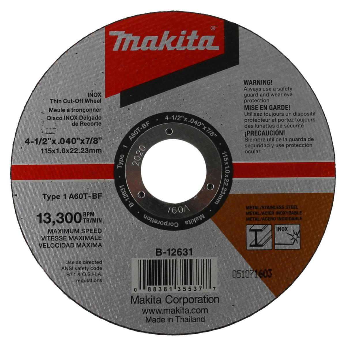 Imagen Disco abrasivo corte metal - acero inox 4-1/2" X 1mm X 7/8 B-12631 Makita