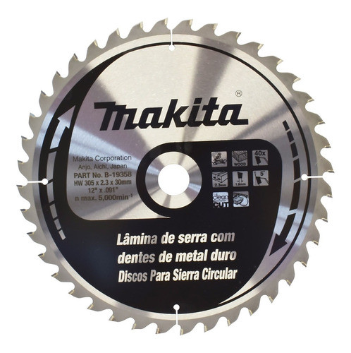 Imagen Disco de sierra circular 12" 40 dientes para madera eje 1" B-19358 Makita 1