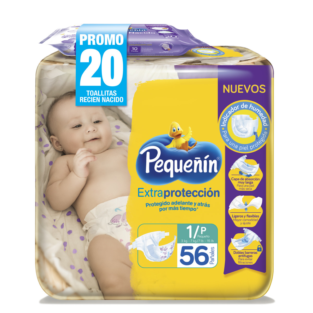 Imagen Inactiva Pañales Pequeñín Extraprotección Etapa 1 x 56 und + Toallitas Recién Nacido x 20 und 1
