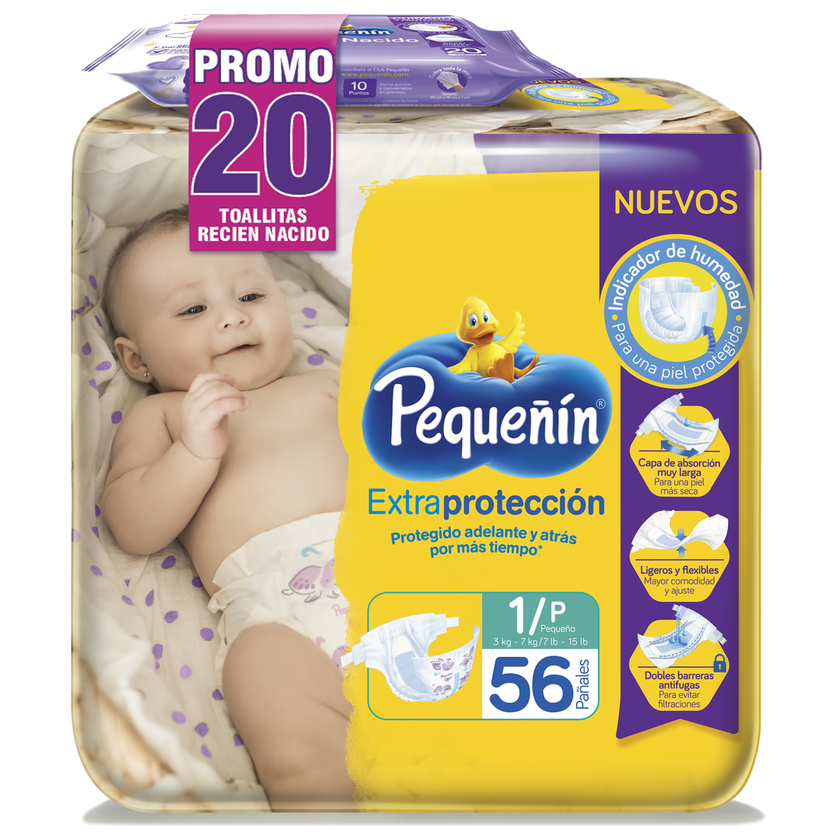 Imagen Inactiva Pañales Pequeñín Extraprotección Etapa 1 x 56 und + Toallitas Recién Nacido x 20 und