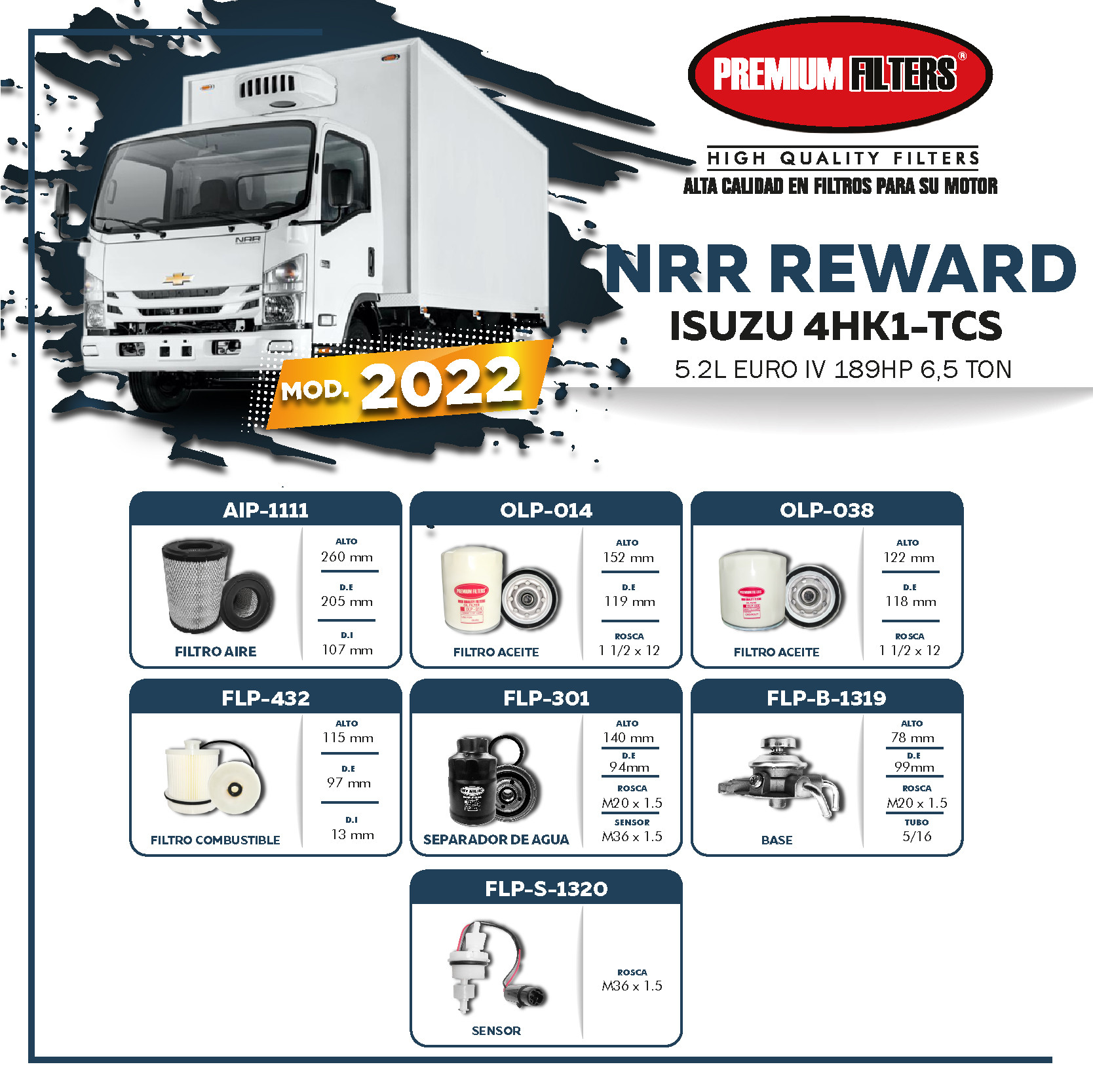 Imagen KIT DE FILTROS NRR REWARD 	ISUZU 4HK1-TCS 5.2L EURO IV 2022 2