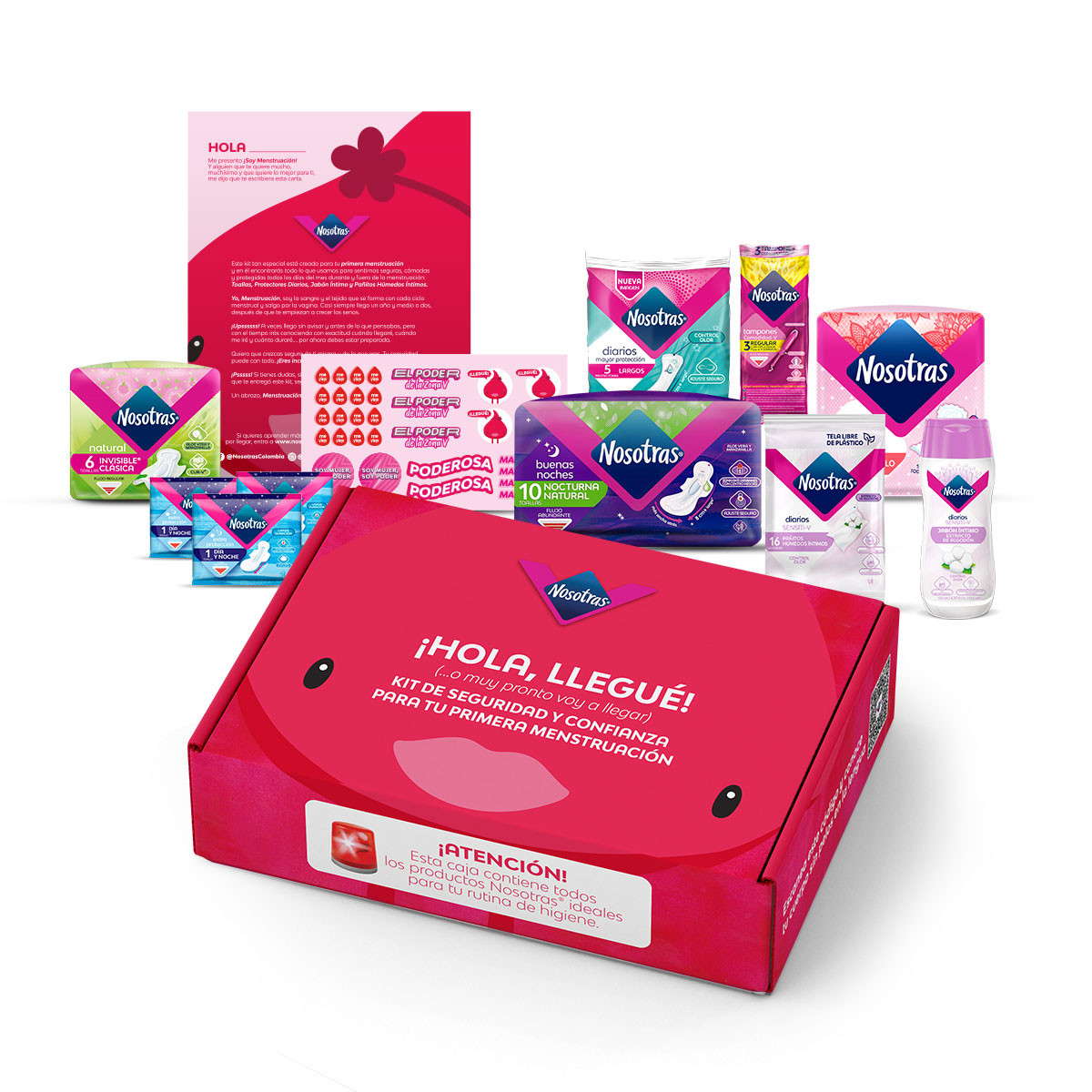 Imagen Kit Primera Menstruación Nosotras: Toallas Higiénicas + Protectores Diarios + Tampón Aplicador + Pañitos Húmedos Íntimos + Jabón Íntimo 1