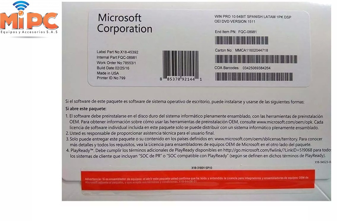 Imagen Licencia Microsoft Windows 10 Profesional - OEM - 64bit - Español - DVD