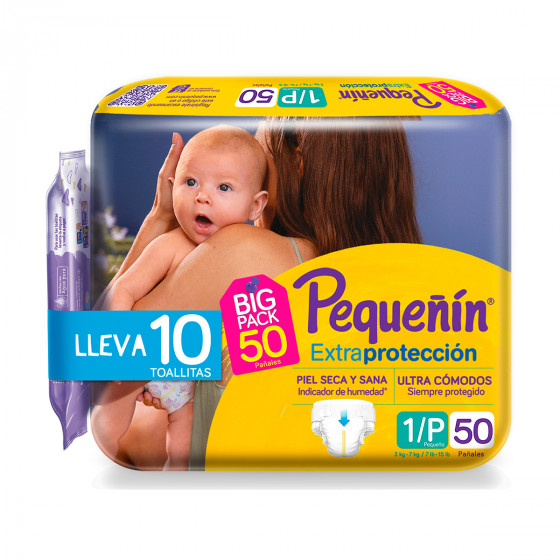 ImagenPañales Pequeñín Extraprotección Etapa 1 x 50 und + Toallitas Recién Nacido x 10 und