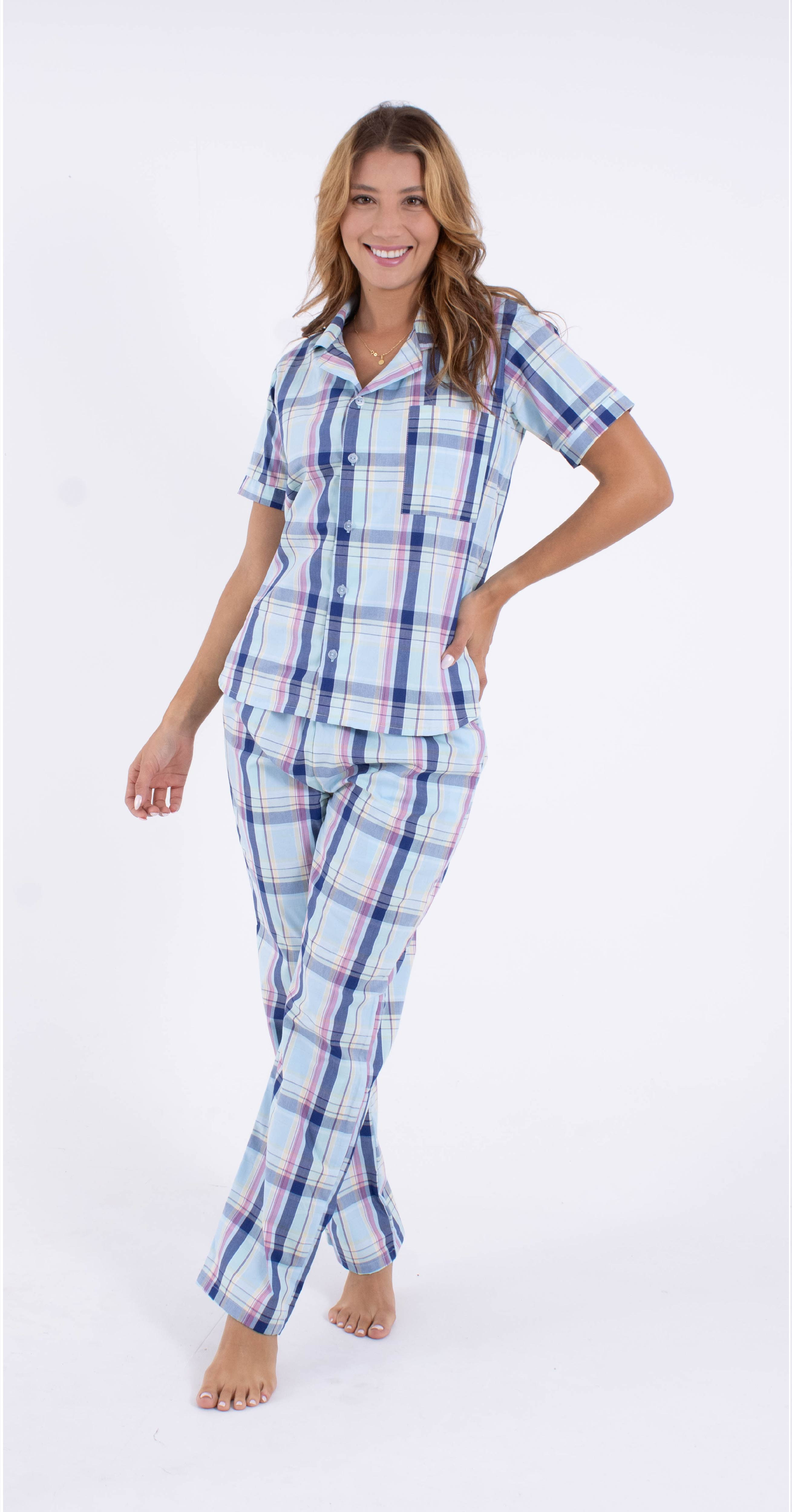 Imagen Pijama 100% Algodón, tejido plano, cuadros azules. 2