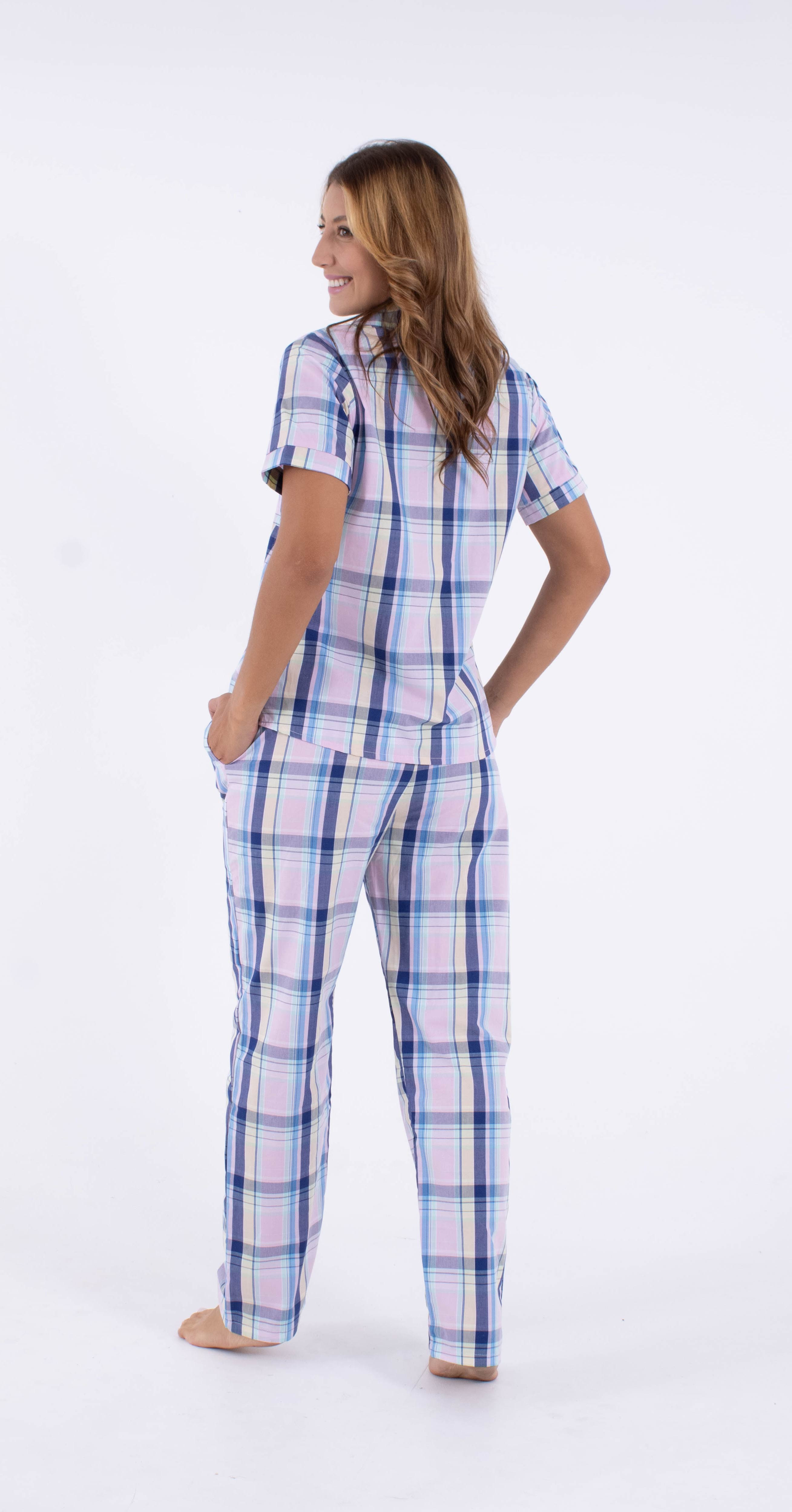 Imagen Pijama en tejido plano cuadros rosados 100% algodón 3