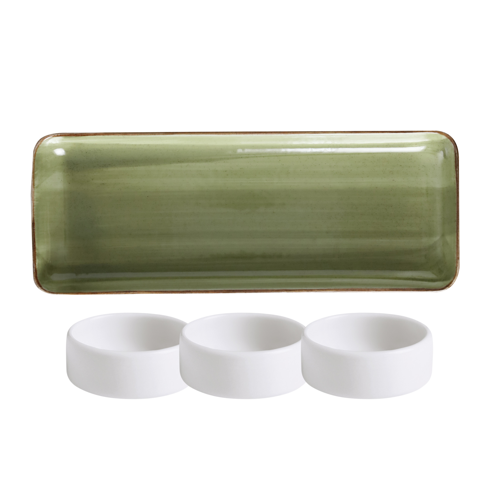 Imagen Set de 1 Bandeja + 3 bowls para compartir Blanco/ Verde Oliva pintado manual 1