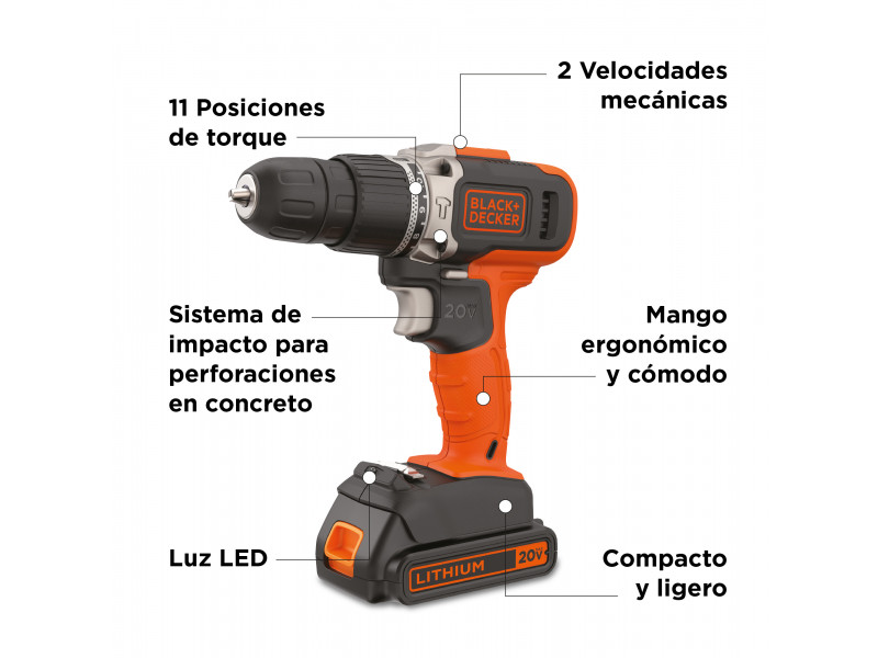 Taladro Atornillador De Impacto Inalambrico 20v 2 Velocidades Ion Litio  Black & Decker BCD704C1